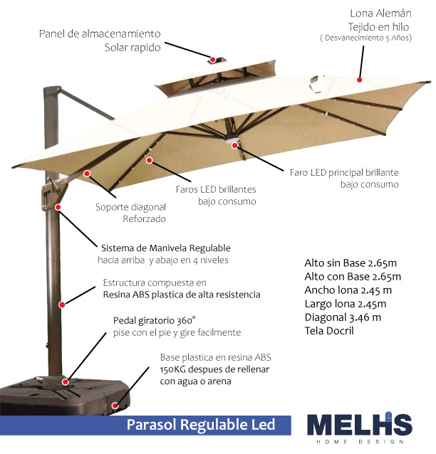 Parasol LED Regulable Cuadrado